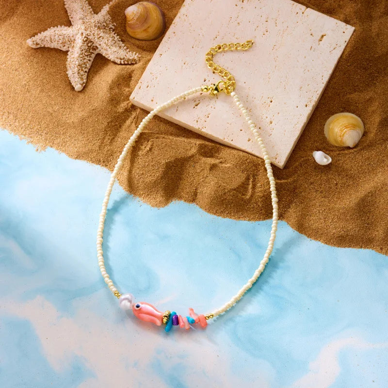 Colorful Ceramic Fish Beaded Necklace For Women Unisex Handmade Rice Beads Choker Beach Party Aesthetic Charm Jewelry Gifts