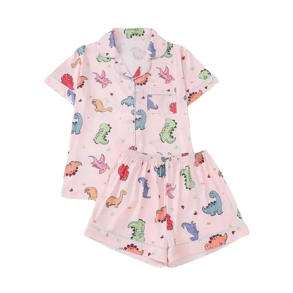 Dinosaur Themed Pajamas Pink with Animal Print Lapel Short Sleeve Shorts Loungewear Home Wear Set Clothes Gifts for Women