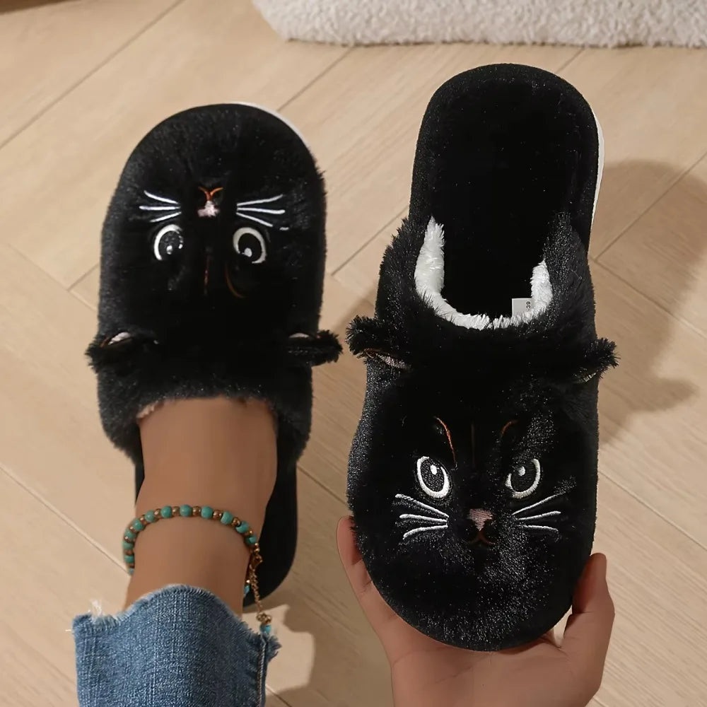 Cute Plush Cat Slippers Winter Warm Cozy Indoor House Shoes Soft EVA Sole Non-Slip Design