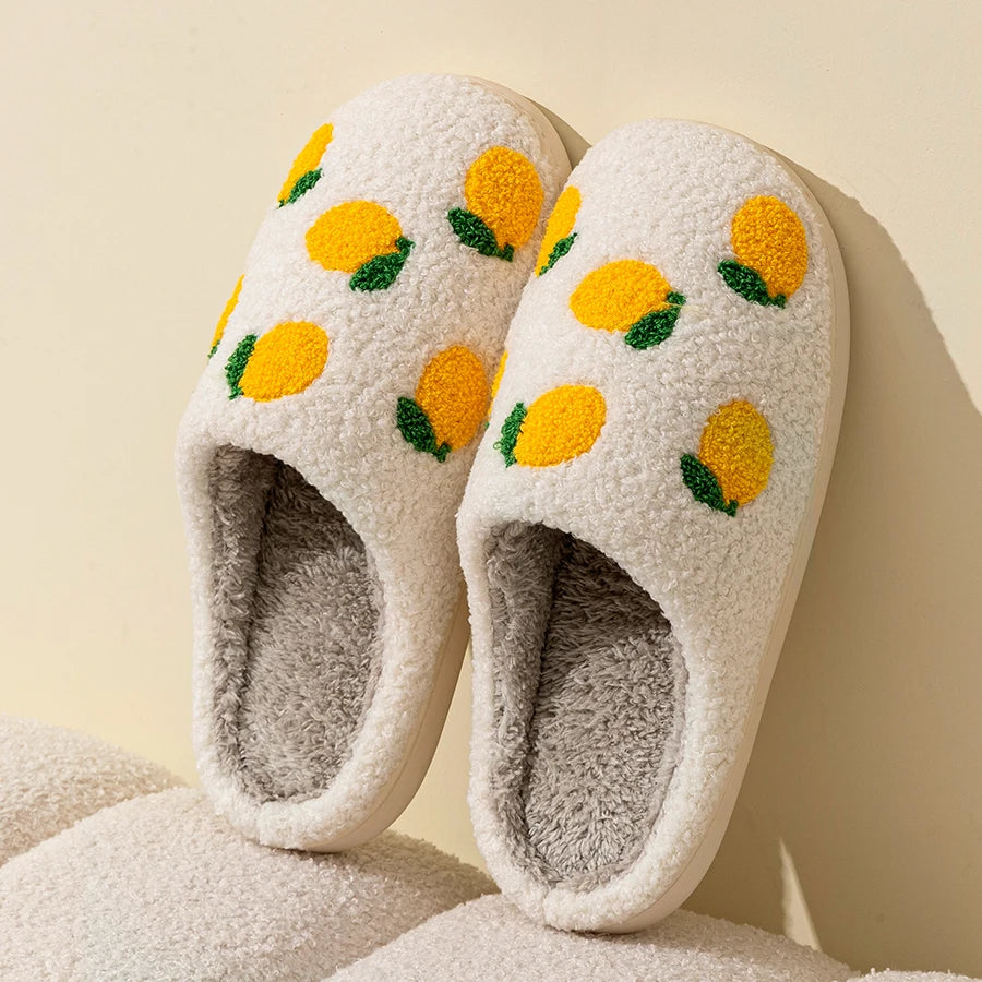 Lemon Embroidered Fuzzy Slippers