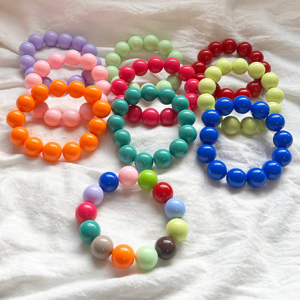 Cute Sweet Colorful Acrylic Big Bead Chunky Bracelet Fluorescent Hand Beaded Simple Stacking Bangles Jewelry Accessories