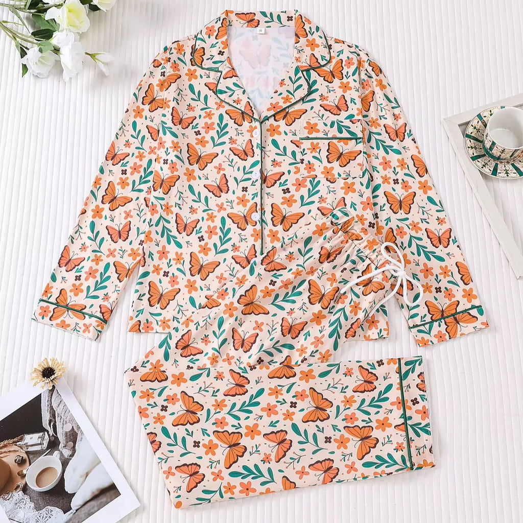 Monarch Butterfly & Floral Women's Pajama Set — Long Sleeve Top & Pants