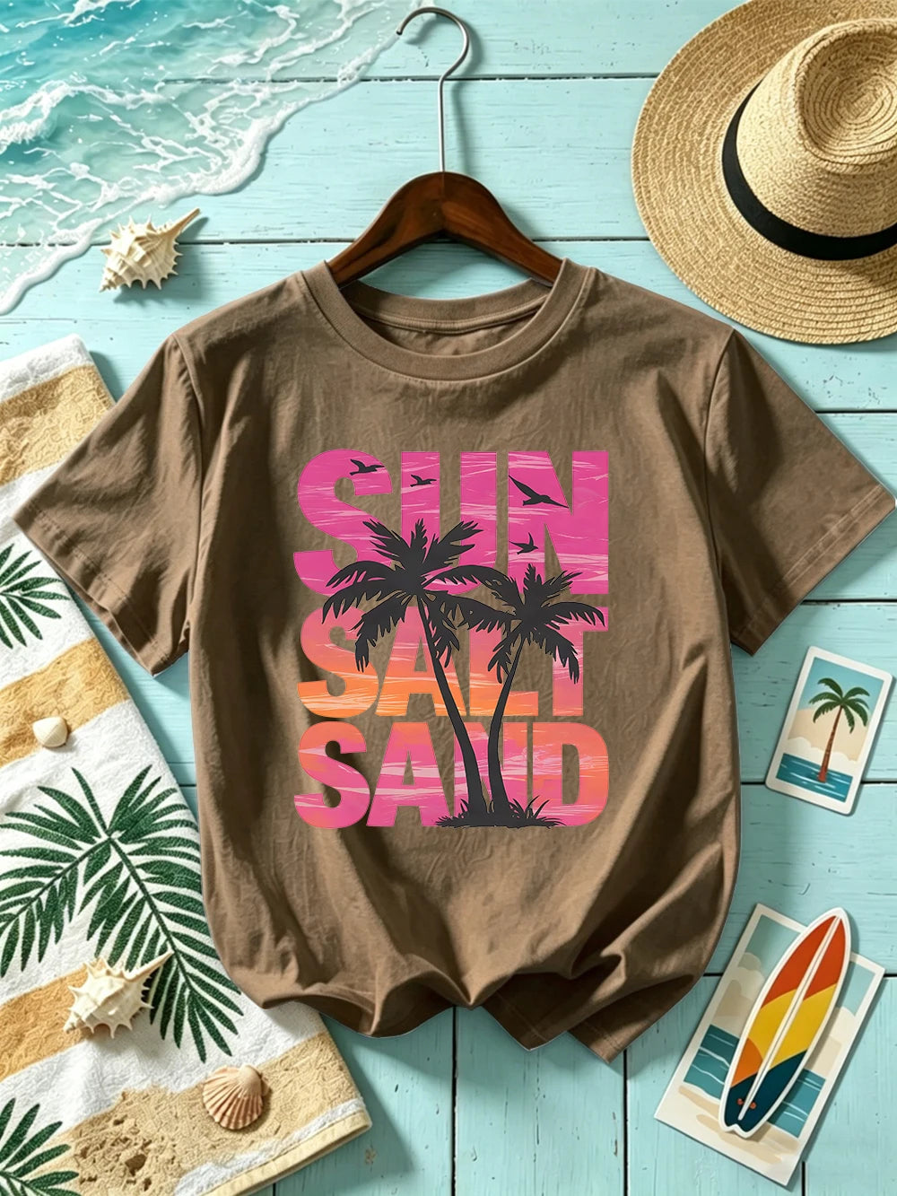 Sun Salt Sand Coconut Tree 
Prints T-Shirts Womens Cotton Summer Short Sleeve T Shirt O-Neck Oversized Tops Basic Soft Clothes
