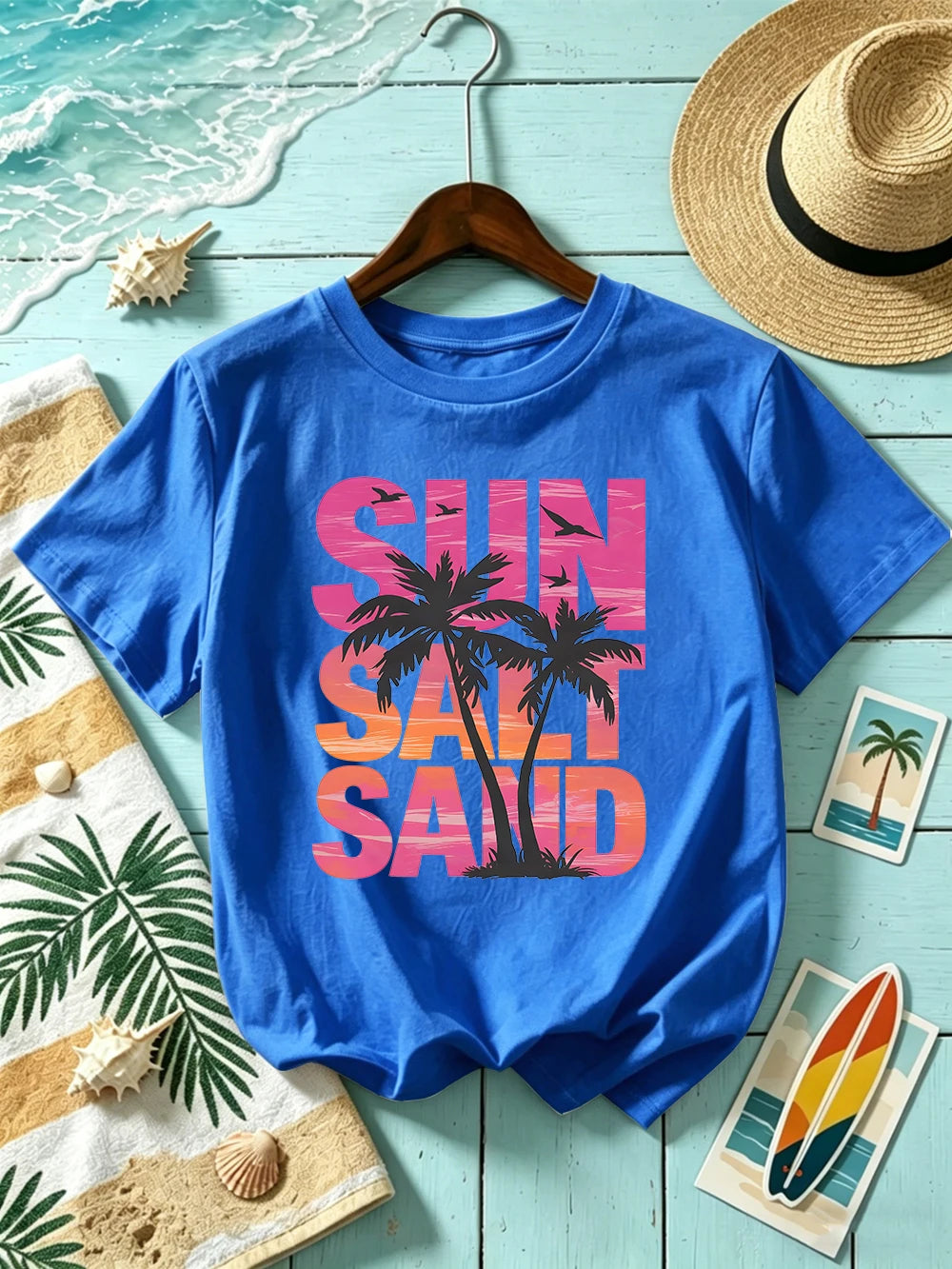 Sun Salt Sand Coconut Tree 
Prints T-Shirts Womens Cotton Summer Short Sleeve T Shirt O-Neck Oversized Tops Basic Soft Clothes