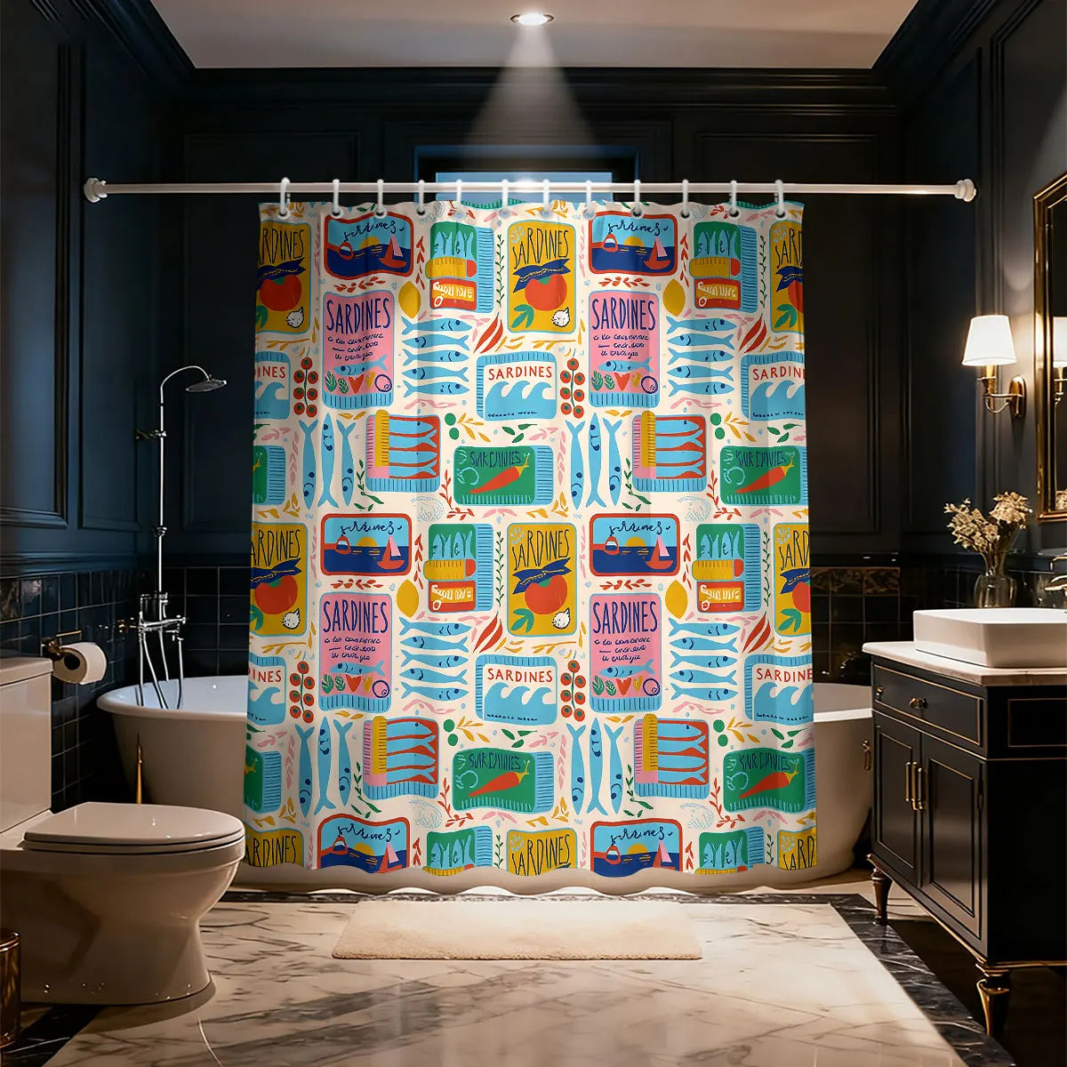 1pc Sardine Print Waterproof Shower Curtain Partition Privacy Hanging Curtain, 12 Hooks, Multiple Sizes