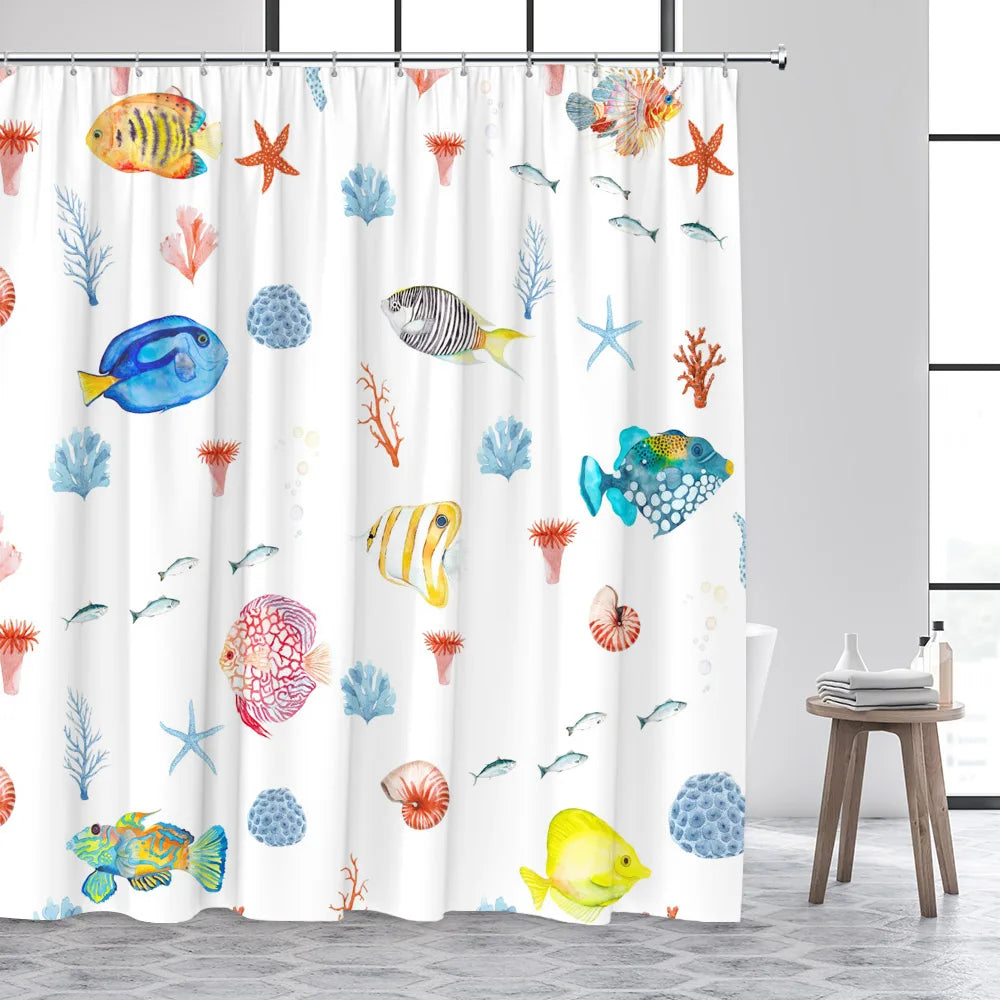 Cartoon Animals Shower Curtains Cute Ocean Fish Sea Turtle Whale Octopus Child Bathroom Curtain Decor with Hooks