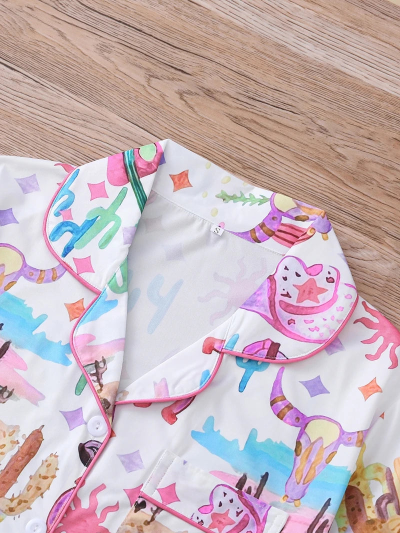 Boots Scootin' Women's Pajama Set — Button-Down Top & Shorts with Cowgirl & Cactus Print