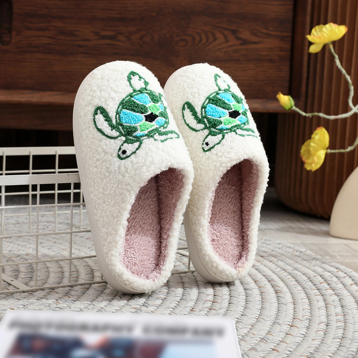 Sea Turtle Embroidered Plush Slippers — Cozy Coastal Indoor House Shoes