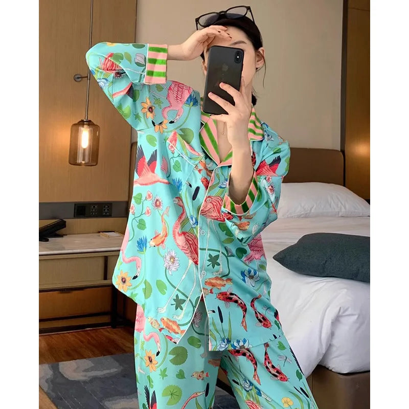 Silky Mermaid Print Long Pajama Set