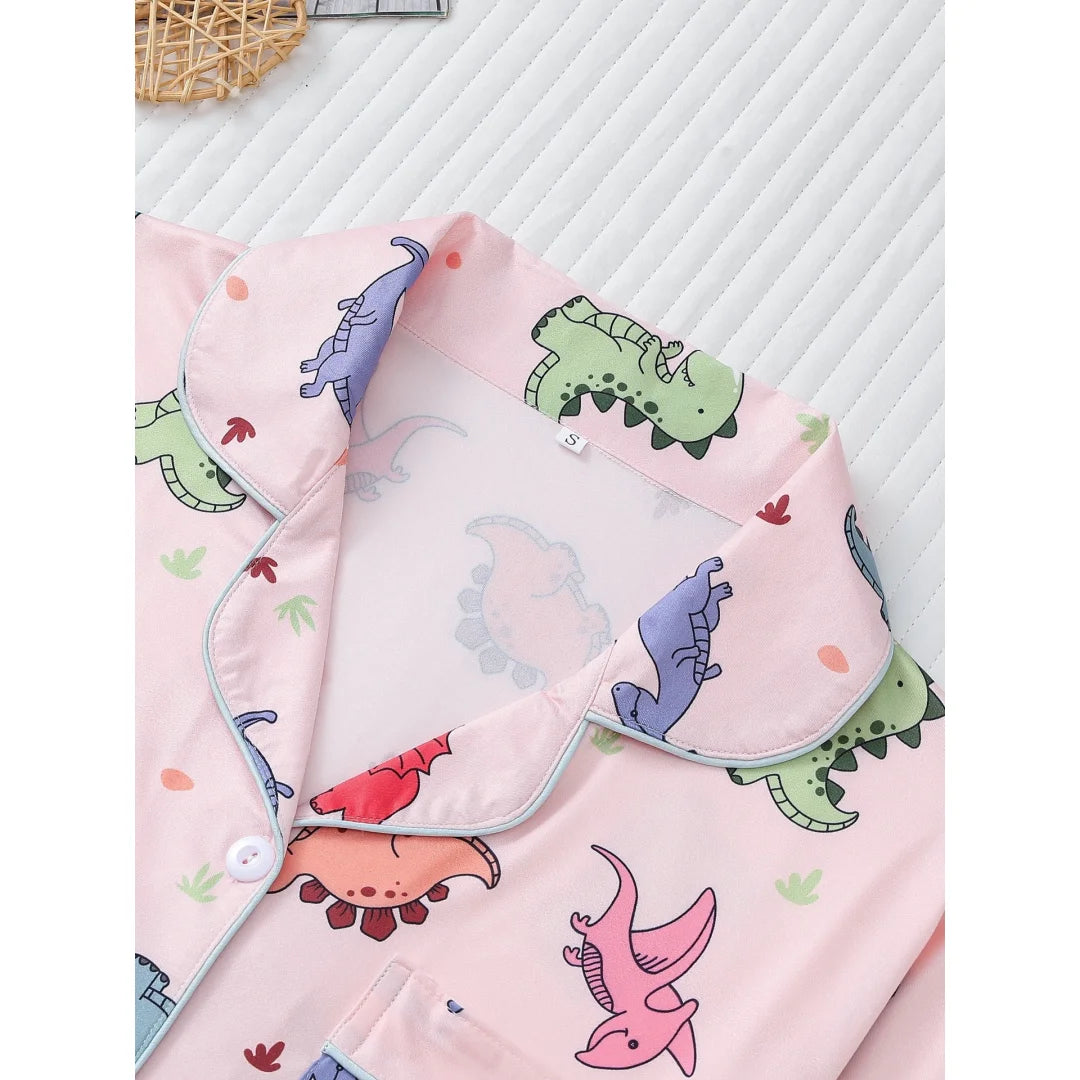 Dinosaur Themed Pajamas Pink with Animal Print Lapel Short Sleeve Shorts Loungewear Home Wear Set Clothes Gifts for Women