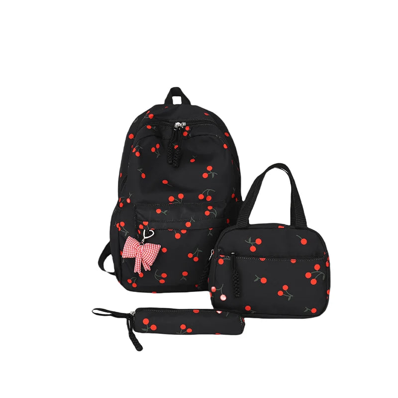 Three-Piece All-Match  Bag Large Capacity Laptop Backpack Cherry Printed Kawaii Nylon Backpack  Outdoor Backpack