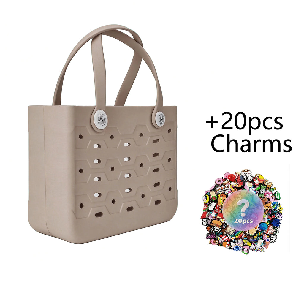 Waterproof EVA Beach Tote Bag, Women Casual Punched Handbag with 20Pcs Random Decor Charms for Outdoor Travel
