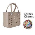 Waterproof EVA Beach Tote Bag, Women Casual Punched Handbag with 20Pcs Random Decor Charms for Outdoor Travel