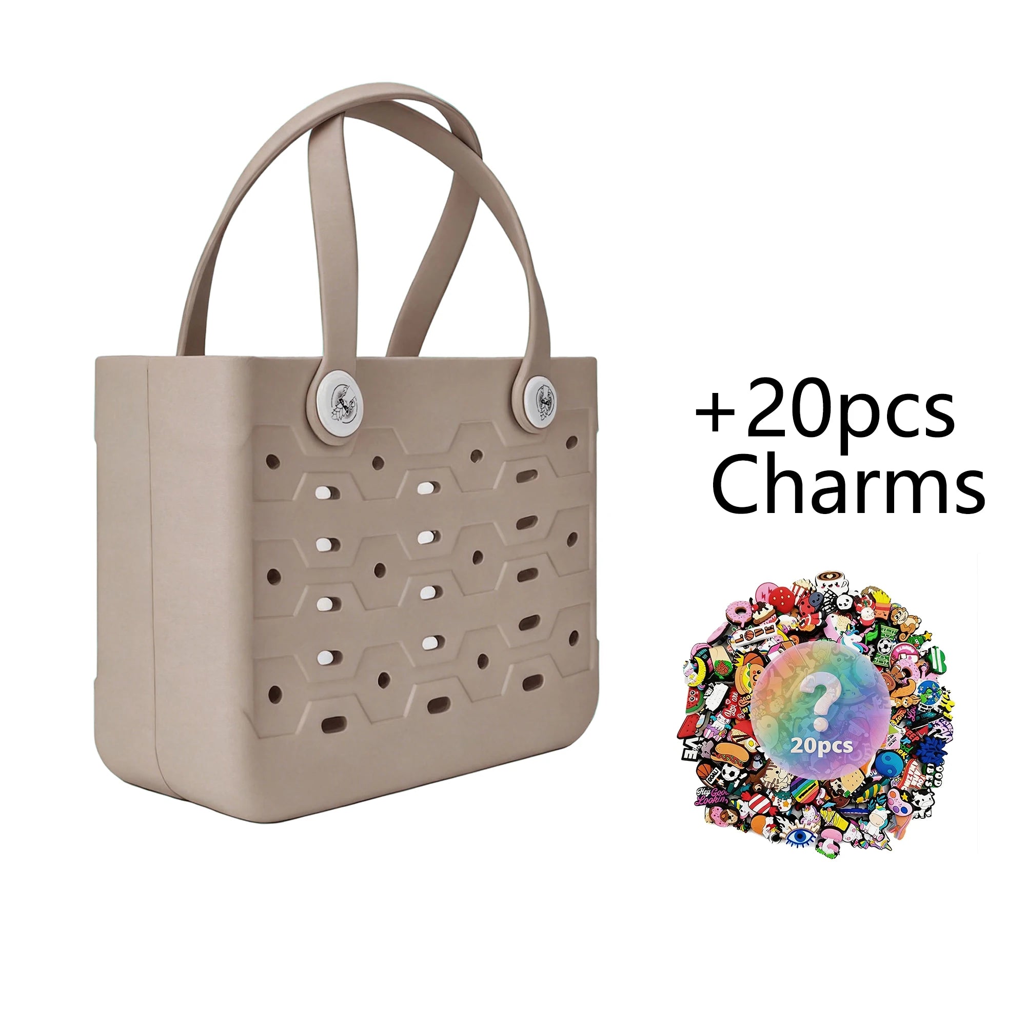 Waterproof EVA Beach Tote Bag, Women Casual Punched Handbag with 20Pcs Random Decor Charms for Outdoor Travel