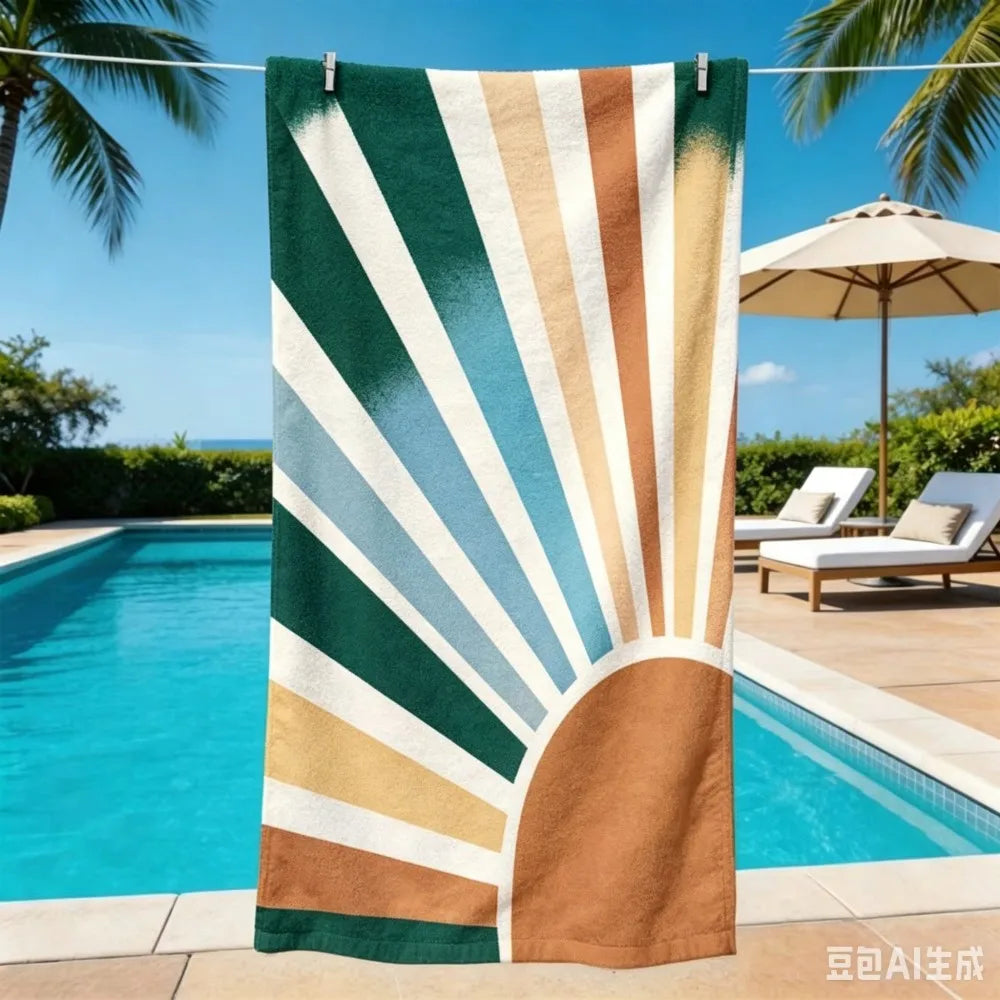 Oversized Retro Sunburst Beach Towel Multicolor Sun Design Microfiber Towel for Summer Vacation and Pool Days