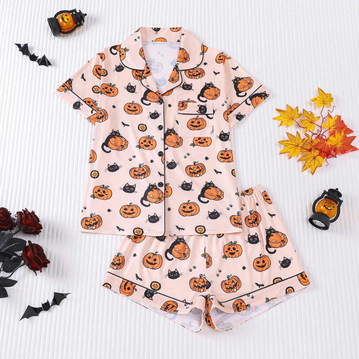 Halloween Ghost & Pumpkin Women's Pajama Set — Short Sleeve Top & Shorts