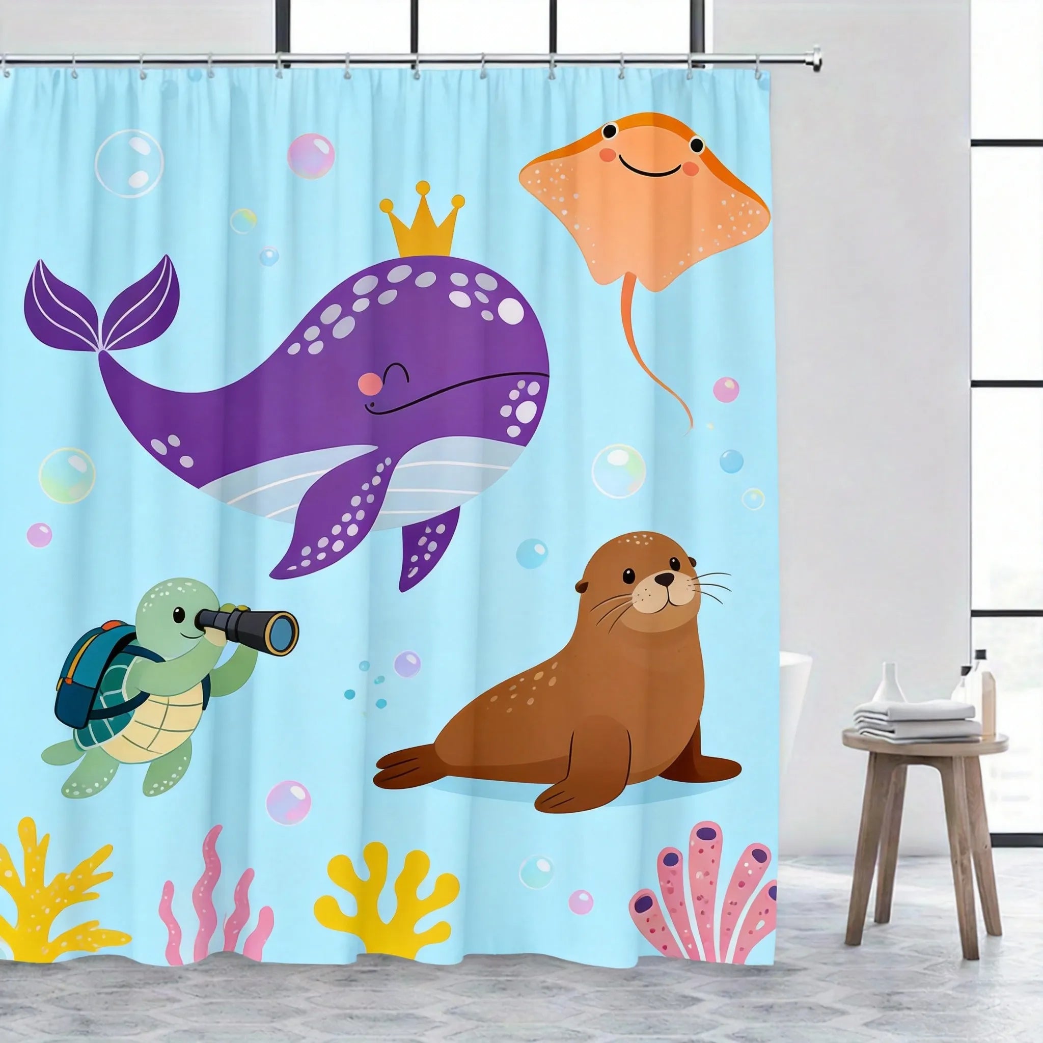 Underwater Shower Curtain 180x180cm – Playful Ocean Animals for Kids Bathroom, Whimsical Aquatic Decor, 12 Hooks