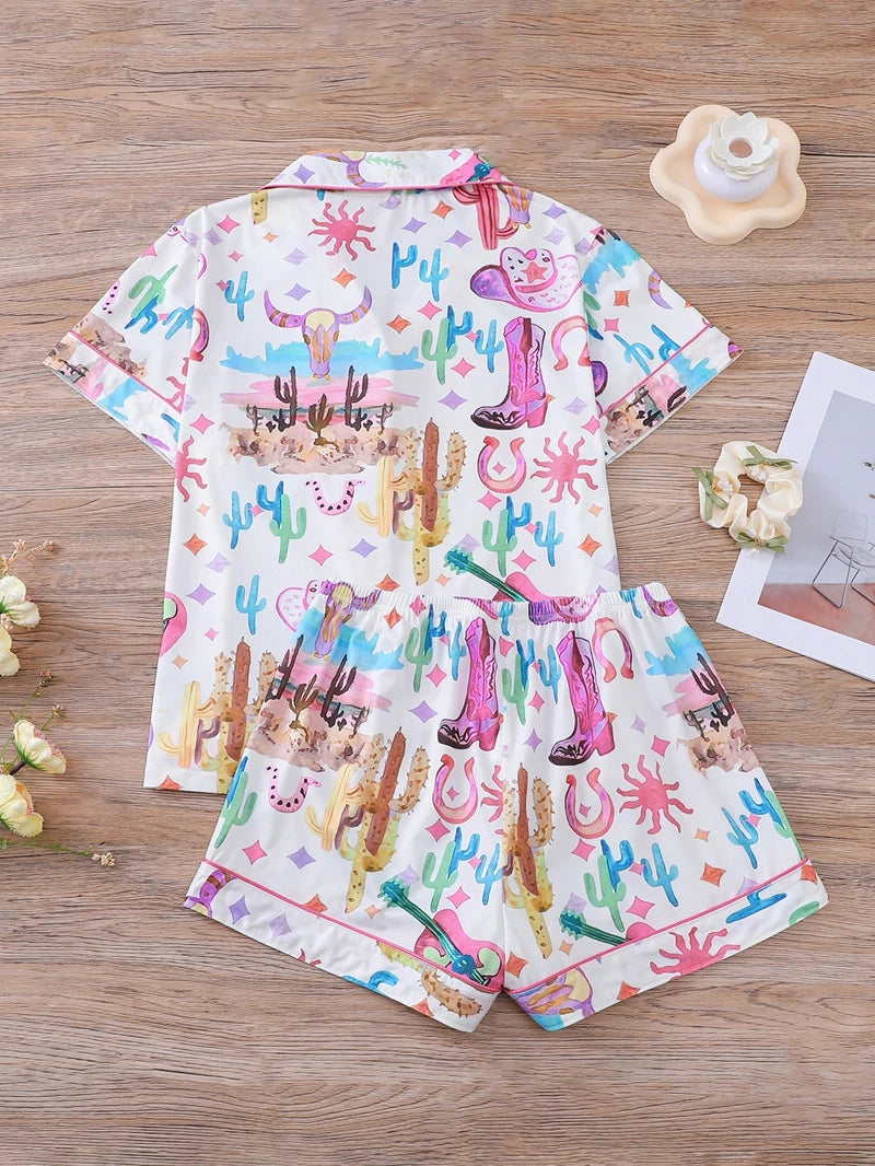 Boots Scootin' Women's Pajama Set — Button-Down Top & Shorts with Cowgirl & Cactus Print