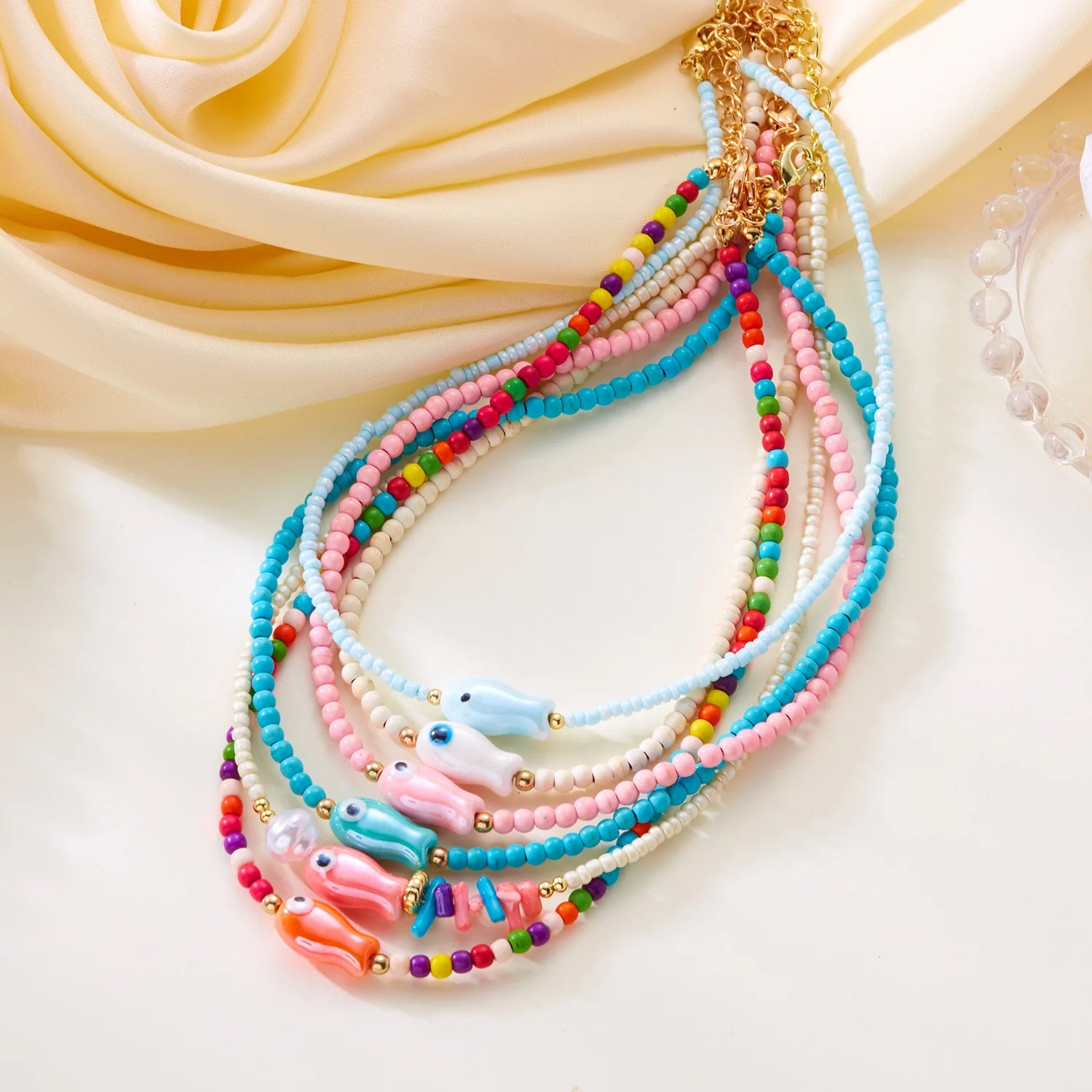 Colorful Ceramic Fish Beaded Necklace For Women Unisex Handmade Rice Beads Choker Beach Party Aesthetic Charm Jewelry Gifts