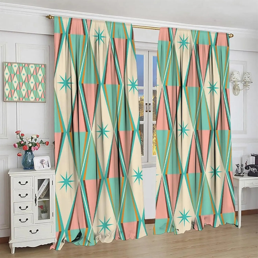 Abstract Geometric Print Curtains Pair Teal Pink Beige Modern Drapes Window Panels Living Room Home Decor Accent Design