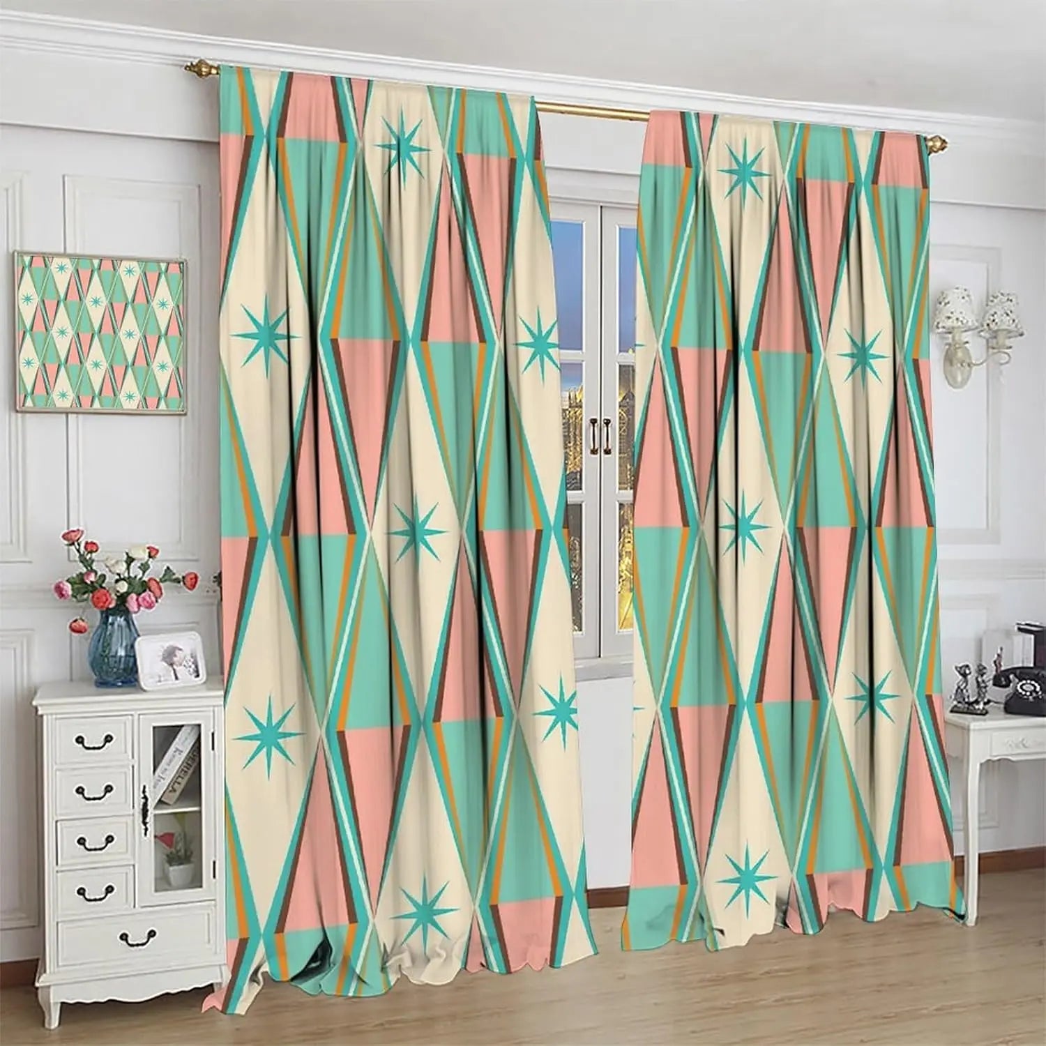 Abstract Geometric Print Curtains Pair Teal Pink Beige Modern Drapes Window Panels Living Room Home Decor Accent Design