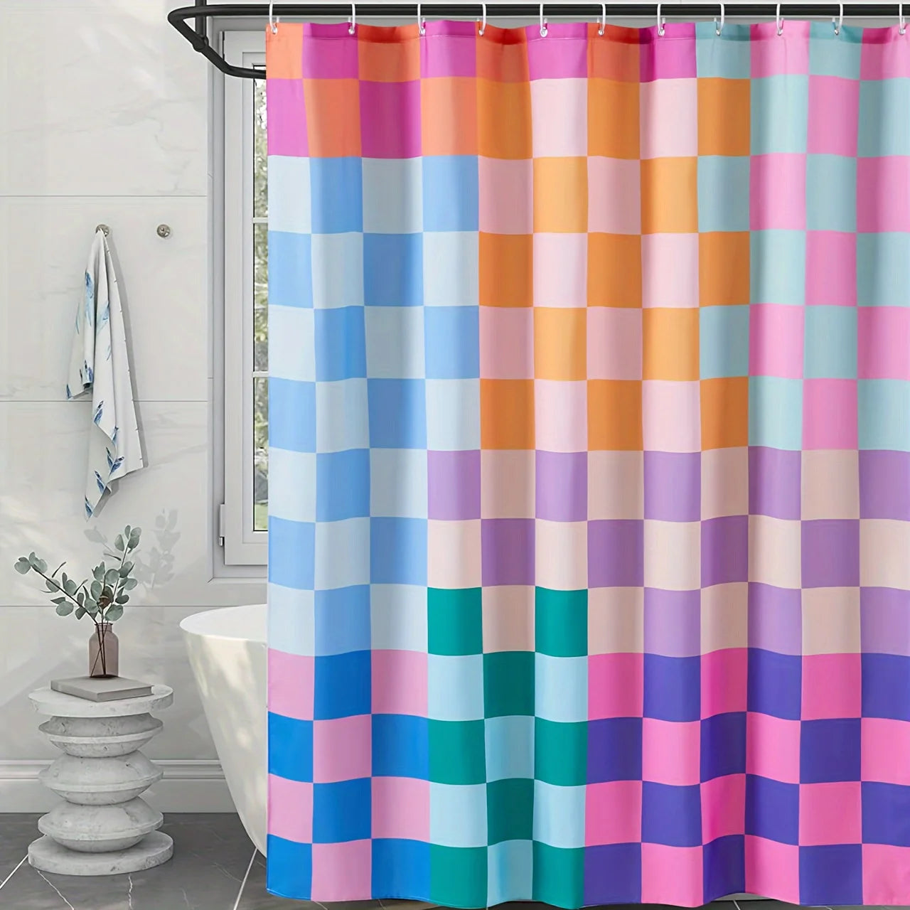 Retro Fabric Shower Curtain, Polyester Multicolored Plaid Heavy-Duty Bright Rainbow Colorful Modern Minimalist Stylish Aesthetic