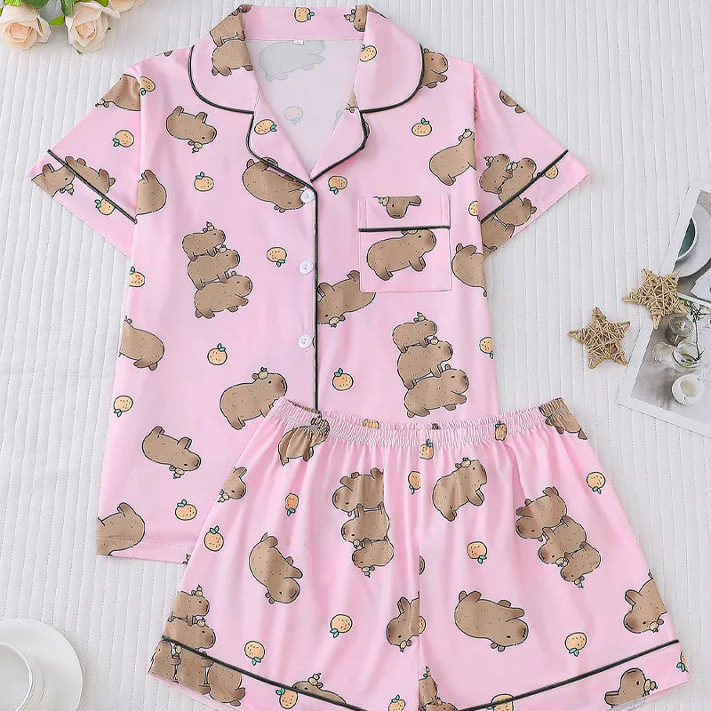 Capybara & Orange Women's Pajama Set — Short Sleeve Top & Shorts
