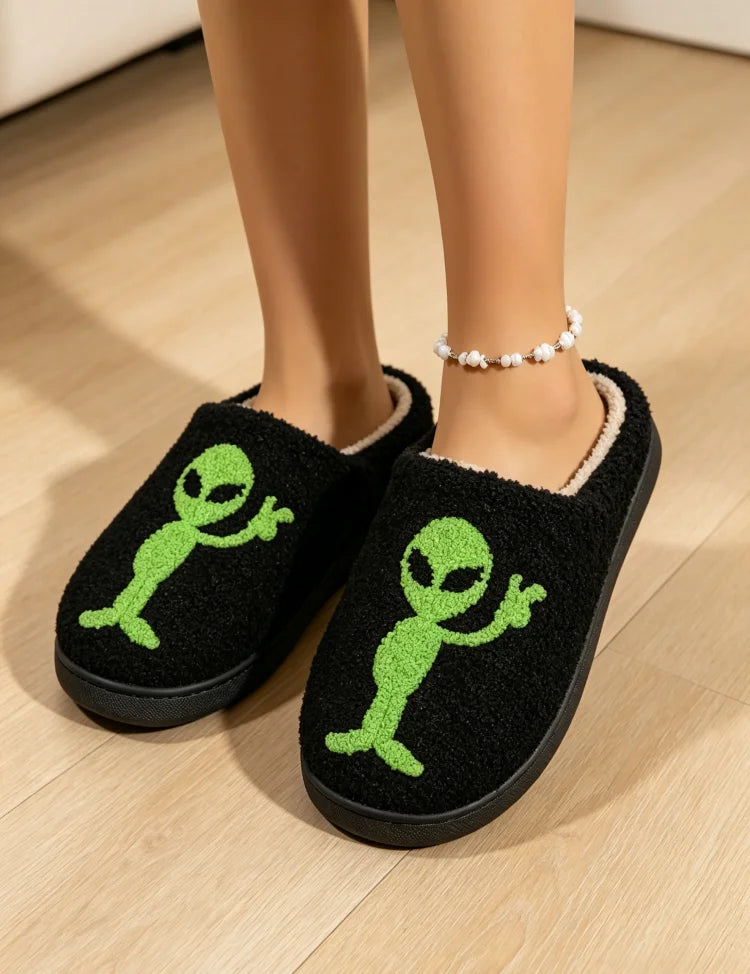 Alien Embroidered Plush Women's Slippers — Cozy Non-Slip Indoor House Shoes