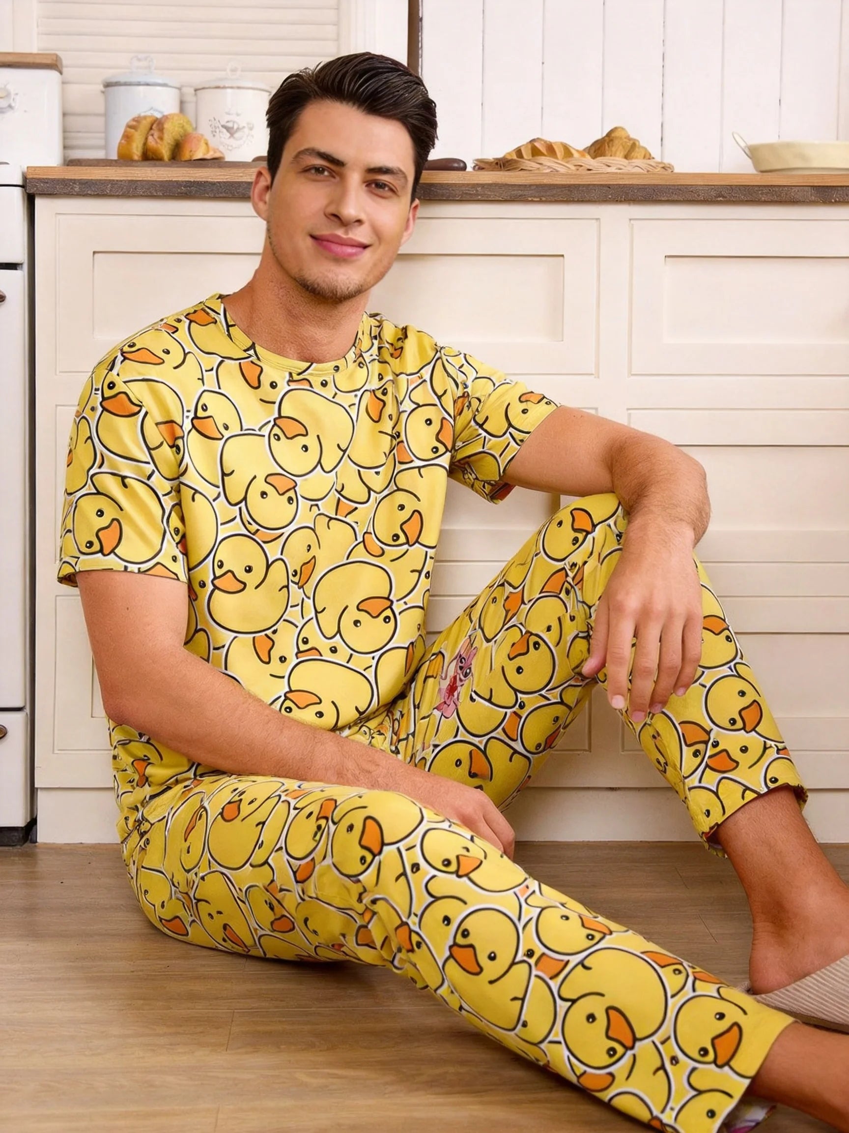 Rubber Duck All-Over Print Men's Pajama Set — Short Sleeve Top & Pants