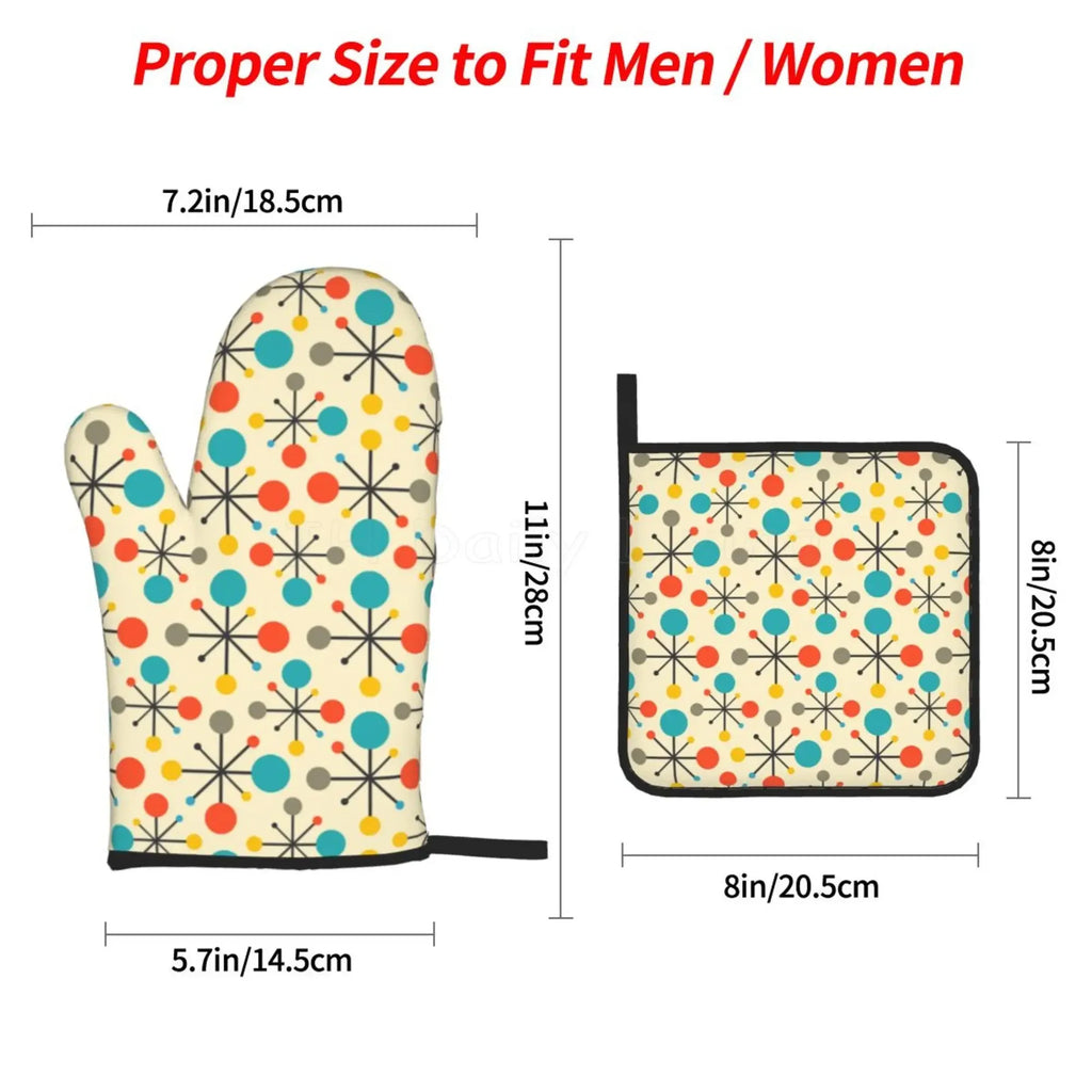 Mid Century Fifties Modern Atomic Retro Colors Oven Mitts and Pot Holders Sets of 4 High Heat Resistant Oven Mitts with Yellow