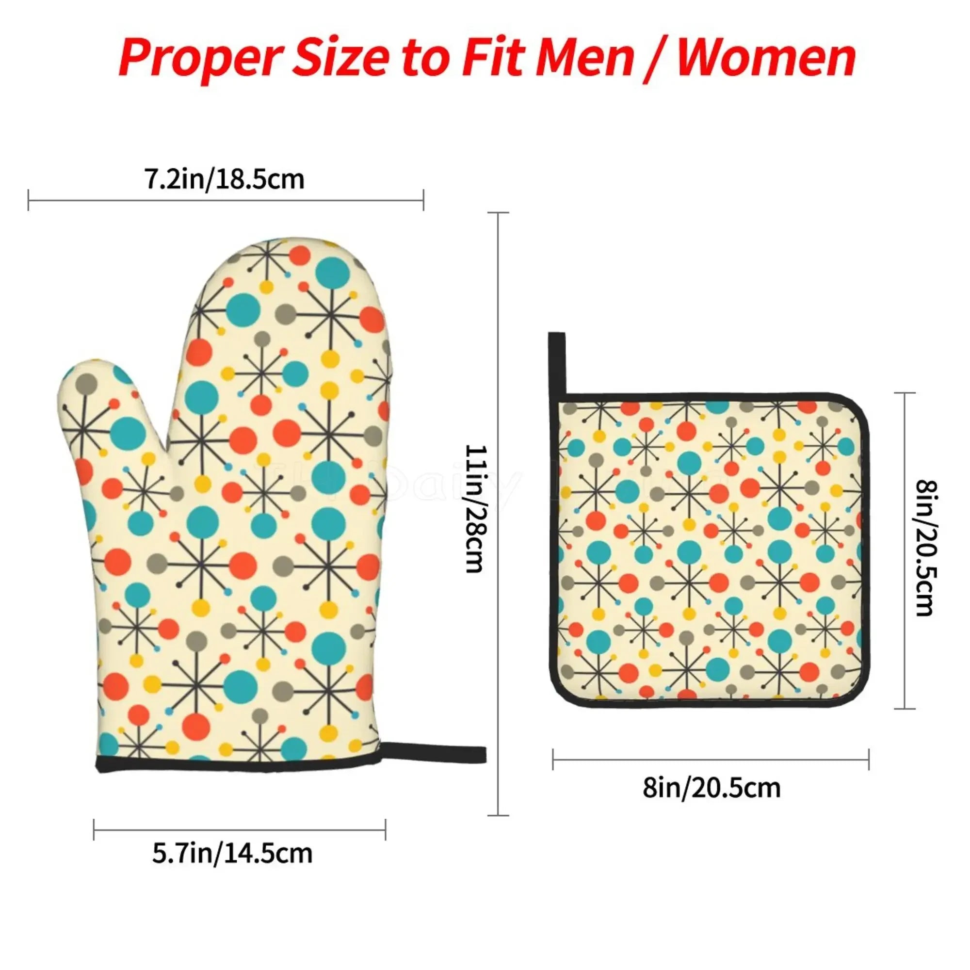 Mid Century Fifties Modern Atomic Retro Colors Oven Mitts and Pot Holders Sets of 4 High Heat Resistant Oven Mitts with Yellow
