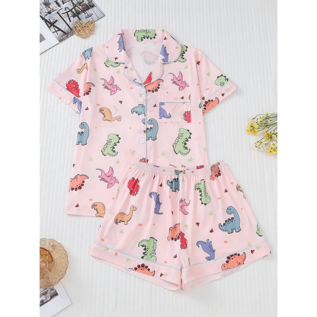 Dinosaur Themed Pajamas Pink with Animal Print Lapel Short Sleeve Shorts Loungewear Home Wear Set Clothes Gifts for Women