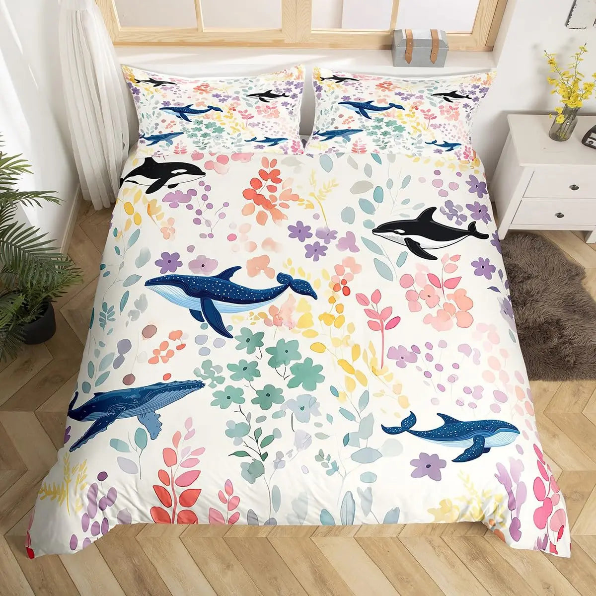 Cute Cartoon Killer Whale Duvet Cover Ocean Orca Bedding Set,Coastal Marine Animal Duvet set