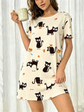 Black Cat Print Women's Nightgown — Short Sleeve Sleep Shirt Dress