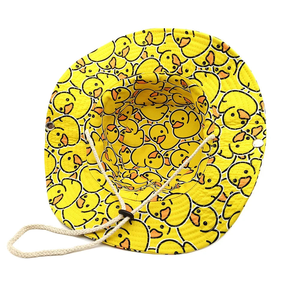 Cute Yellow Duck Cartoon Bucket Hat for Men Women - Summer UV Protection Fishing Cap with Adjustable Chin Strap, Retro 80s 90s S