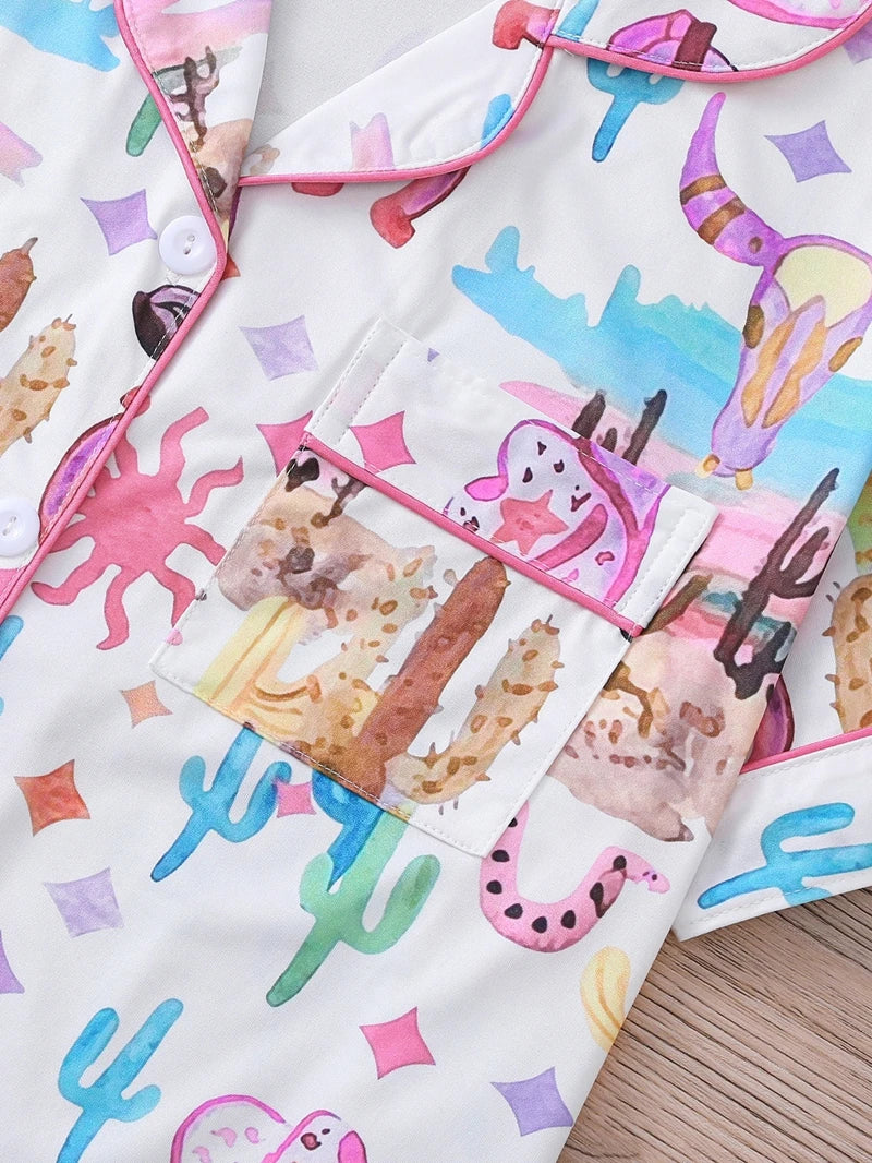Boots Scootin' Women's Pajama Set — Button-Down Top & Shorts with Cowgirl & Cactus Print