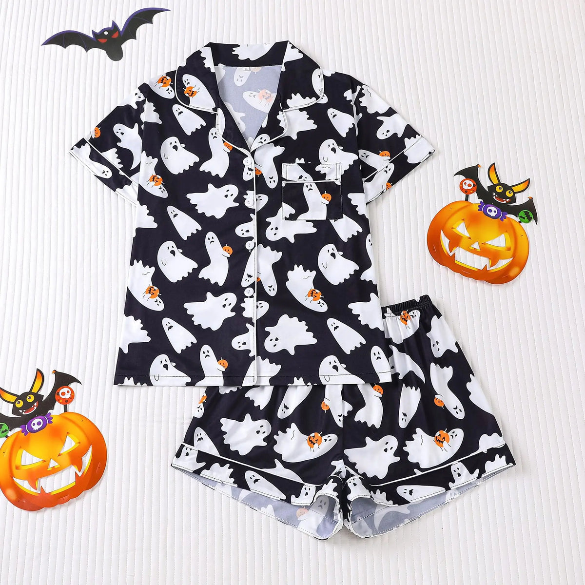 Halloween Ghost & Pumpkin Women's Pajama Set — Short Sleeve Top & Shorts