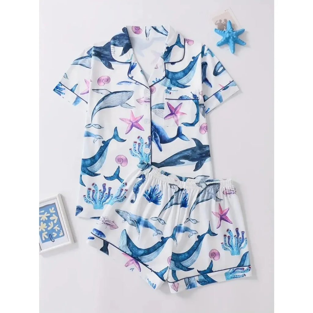 Ocean Themed Pajamas Blue with Whale Starfish Print Lapel Short Sleeve Shorts Loungewear Pants Home Wear Set Gifts for Women