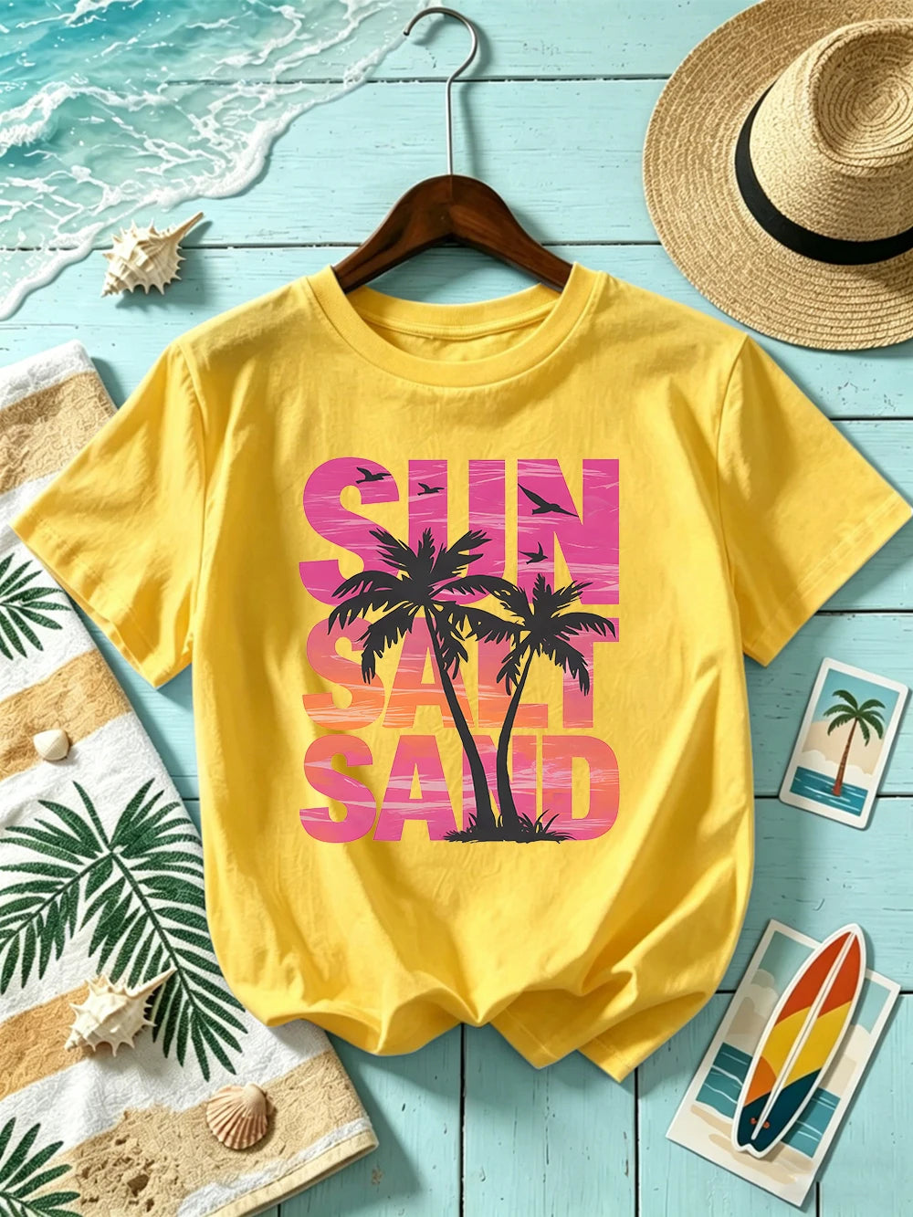 Sun Salt Sand Coconut Tree 
Prints T-Shirts Womens Cotton Summer Short Sleeve T Shirt O-Neck Oversized Tops Basic Soft Clothes