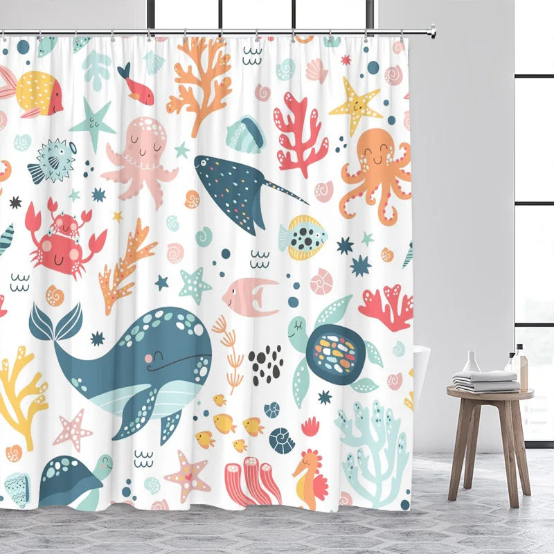 Cartoon Animals Shower Curtains Cute Ocean Fish Sea Turtle Whale Octopus Child Bathroom Curtain Decor with Hooks