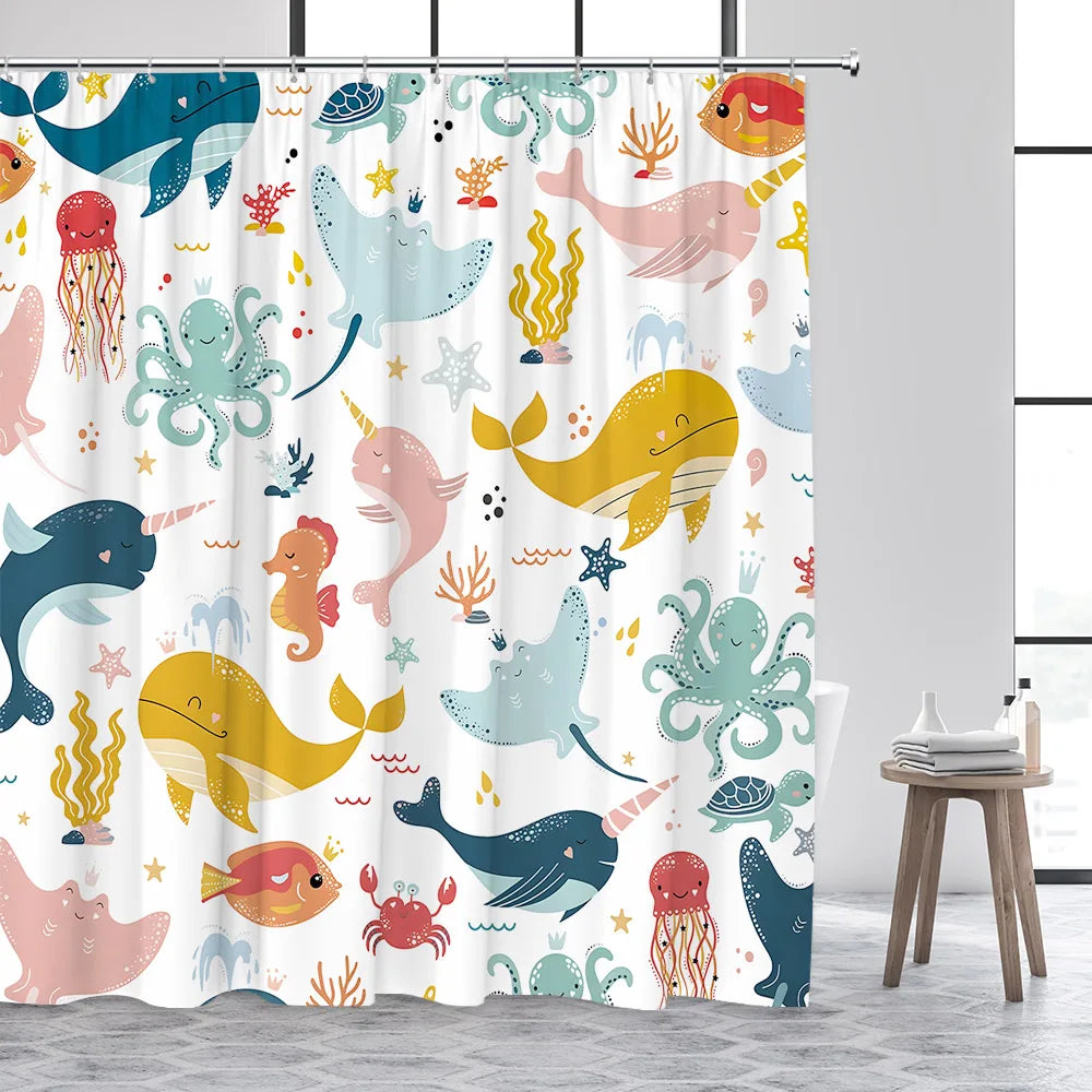 Cartoon Animals Shower Curtains Cute Ocean Fish Sea Turtle Whale Octopus Child Bathroom Curtain Decor with Hooks