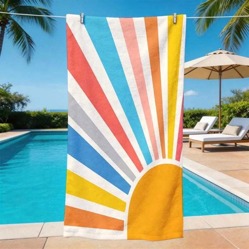 Oversized Retro Sunburst Beach Towel Multicolor Sun Design Microfiber Towel for Summer Vacation and Pool Days