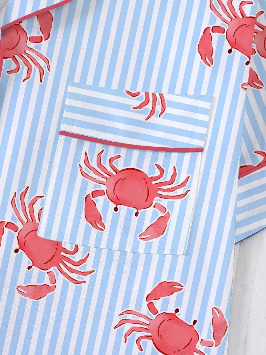 Fun crab print women's matching pajamas with pocket short sleeves and loose shorts, breathable and comfortable, cute pajamas