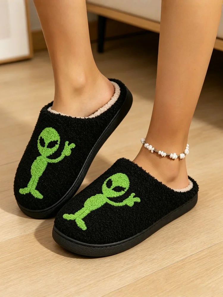 Alien Embroidered Plush Women's Slippers — Cozy Non-Slip Indoor House Shoes