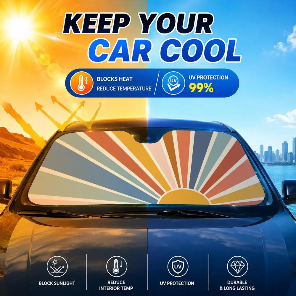 Retro Sunrise Sun Visor Reusable Double-Sided Windshield Sun Visor UV Block Portable Heat Shield Cover