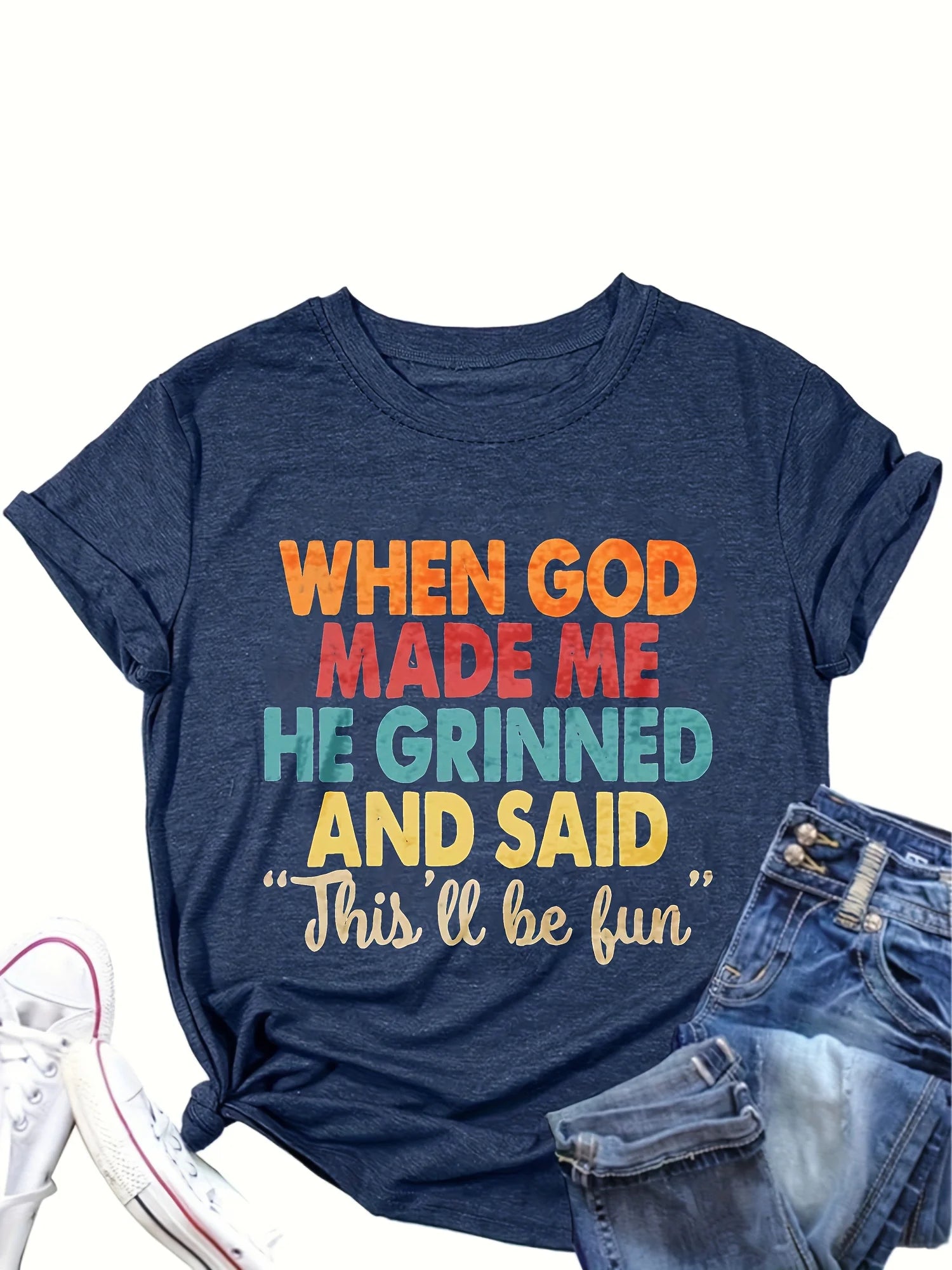 When God Made Me He Grinned Women's Tee, Funny Religious Quote Beige Top