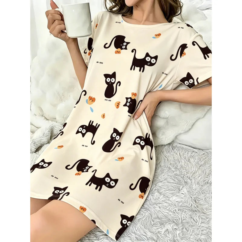 Black Cat Print Women's Nightgown — Short Sleeve Sleep Shirt Dress