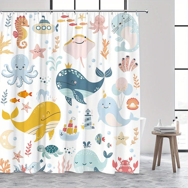 Underwater Shower Curtain 180x180cm – Playful Ocean Animals for Kids Bathroom, Whimsical Aquatic Decor, 12 Hooks