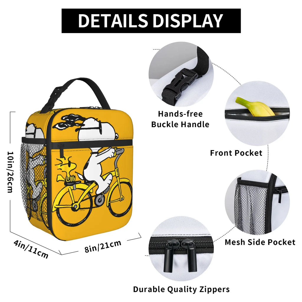 Snoopy Woodstock Riding Bike Insulated Lunch Bag Cooler Bag Reusable,Meal Container Cartoon Lunch Box Tote Food Bag Outdoor