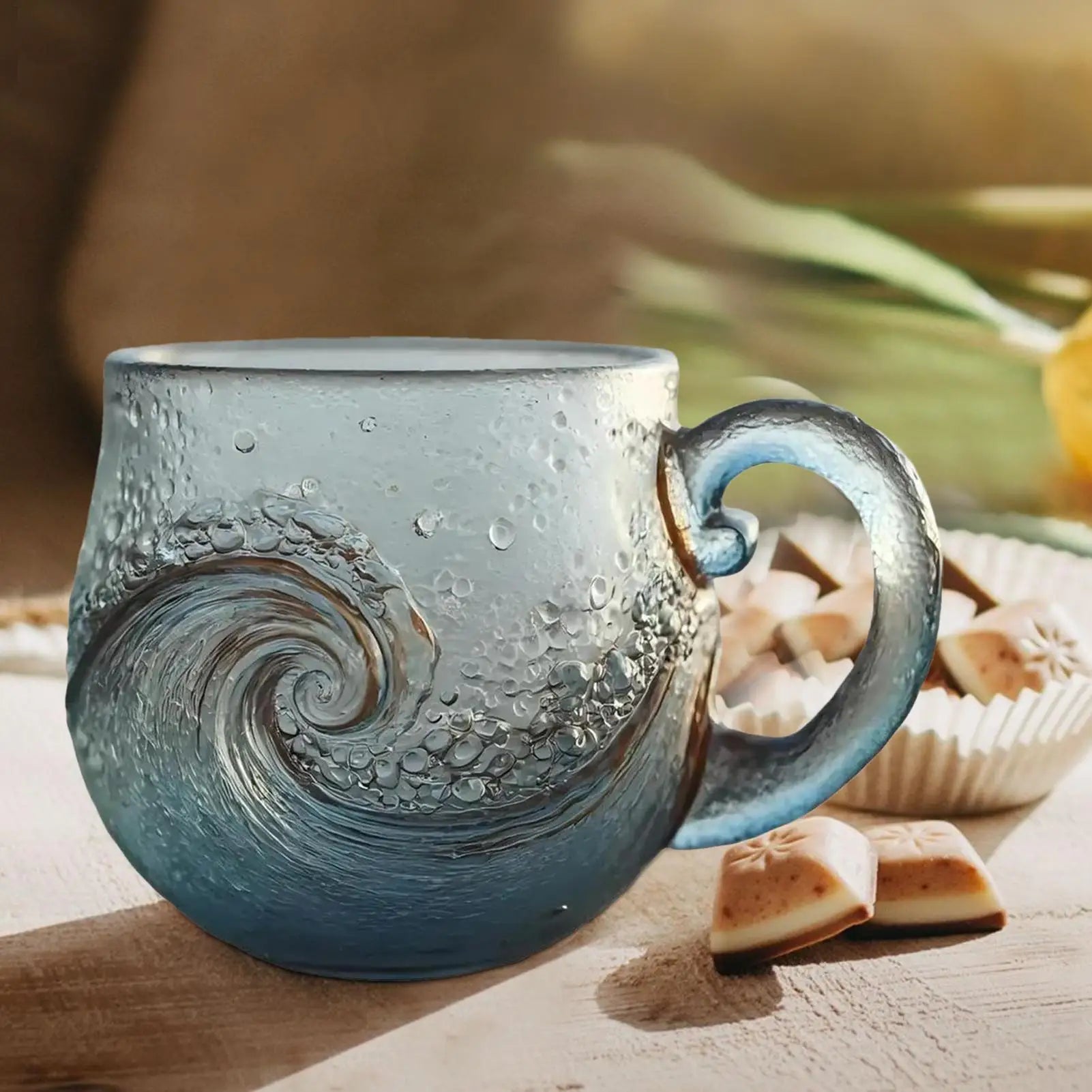 300ml Glass Mug Hand-blown Glass Sea Wave Design Water Bottle Ocean Waves Coffee Mugs With Handle Home Office Milk Tea Mug